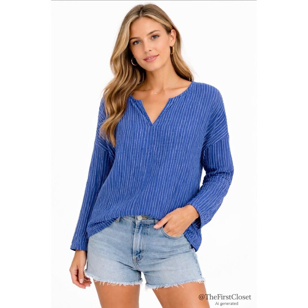 Lou & Grey Striped V Neck Pullover Shirt Blue White Long Sleeve Casual Women OS